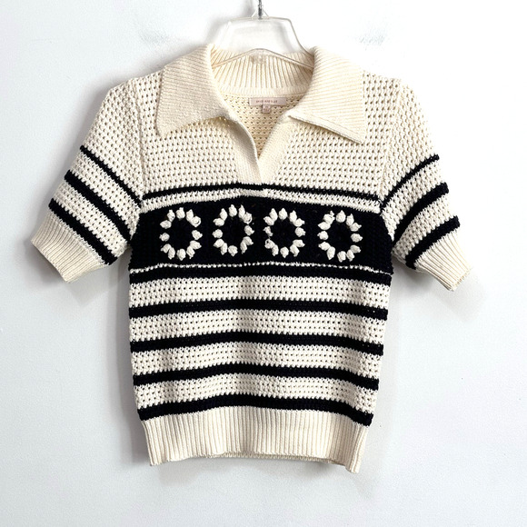 Skies Are Blue Sweater XS Crochet Cream Floral Short Sleeve Collared Trendy Knit - Picture 1 of 10